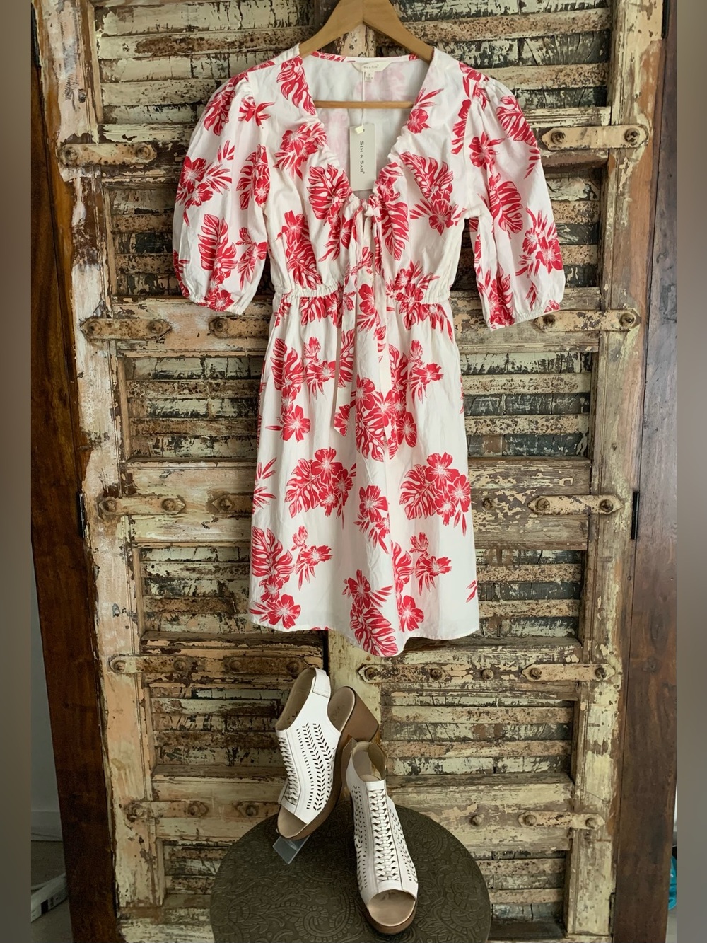 NWT Anthropologie Sim & Sam Floral Plunge V-Neck Babydoll Mini Dress Red White S